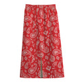 Red Paisley Bandana Pattern Print Cotton Front Slit Maxi Skirt