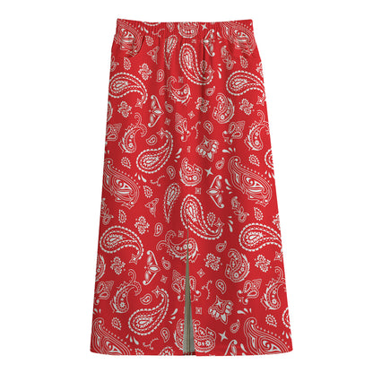Red Paisley Bandana Pattern Print Cotton Front Slit Maxi Skirt