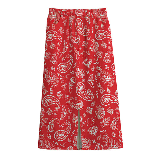 Red Paisley Bandana Pattern Print Cotton Front Slit Maxi Skirt
