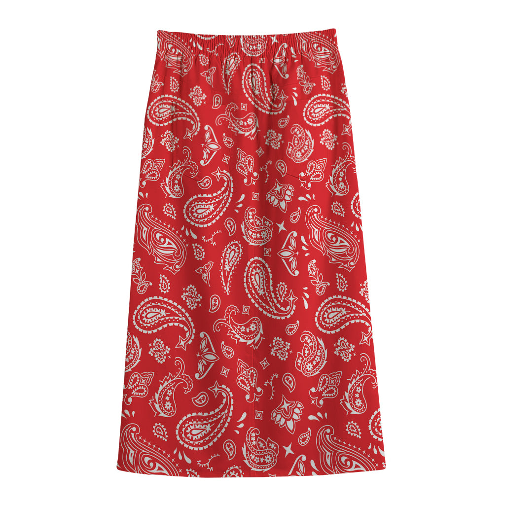 Red Paisley Bandana Pattern Print Cotton Front Slit Maxi Skirt