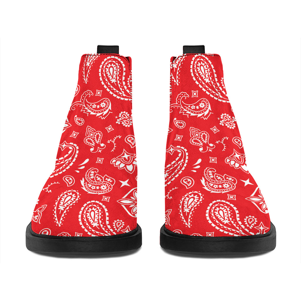 Red Paisley Bandana Pattern Print Flat Ankle Boots