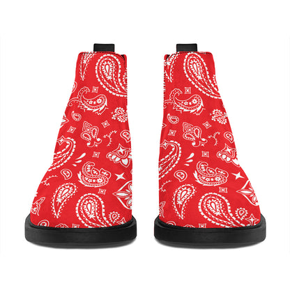 Red Paisley Bandana Pattern Print Flat Ankle Boots
