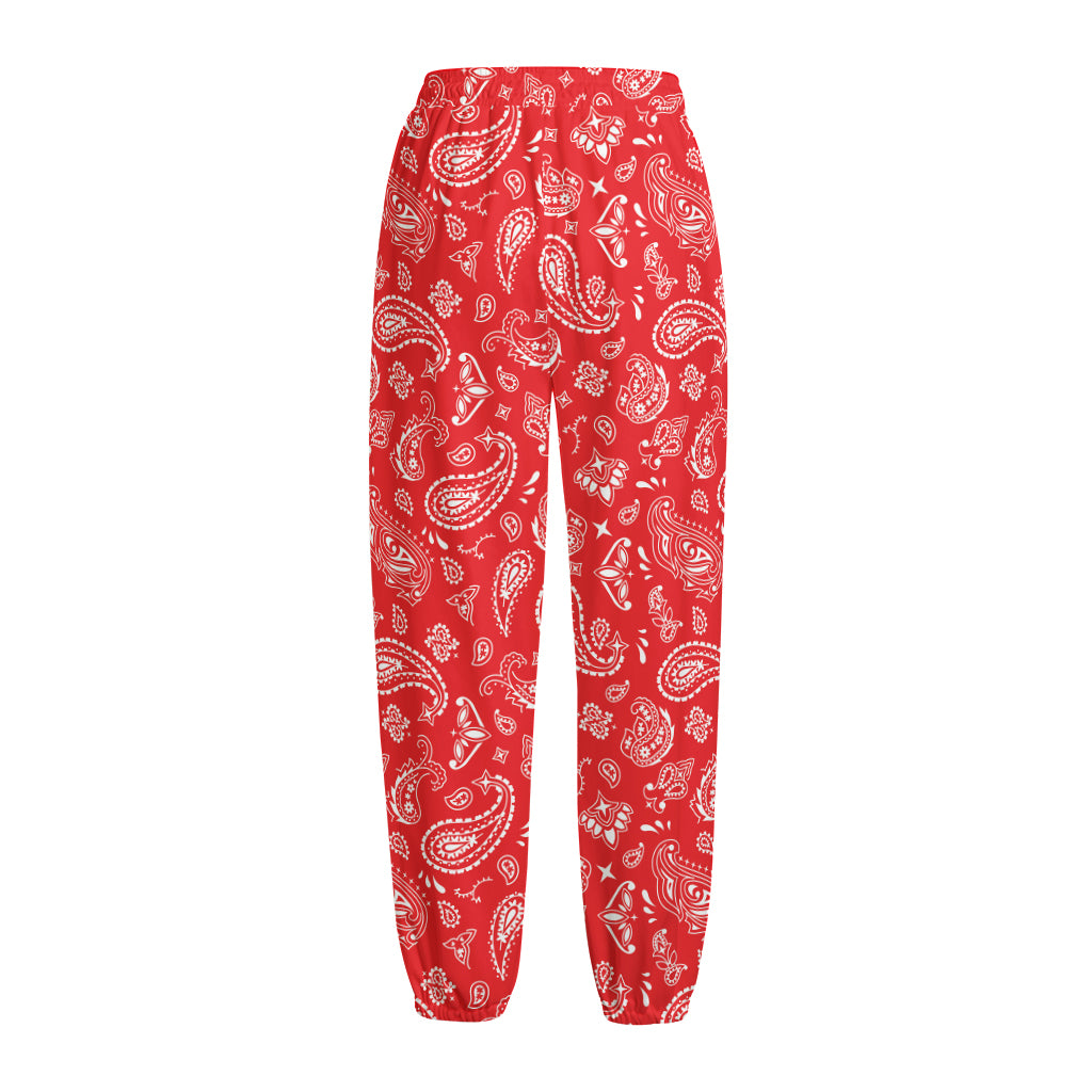 Red Paisley Bandana Pattern Print Fleece Lined Knit Pants