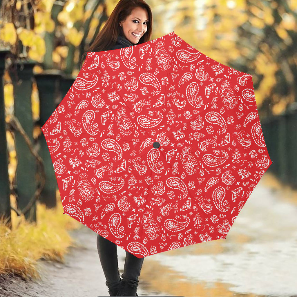 Red Paisley Bandana Pattern Print Foldable Umbrella