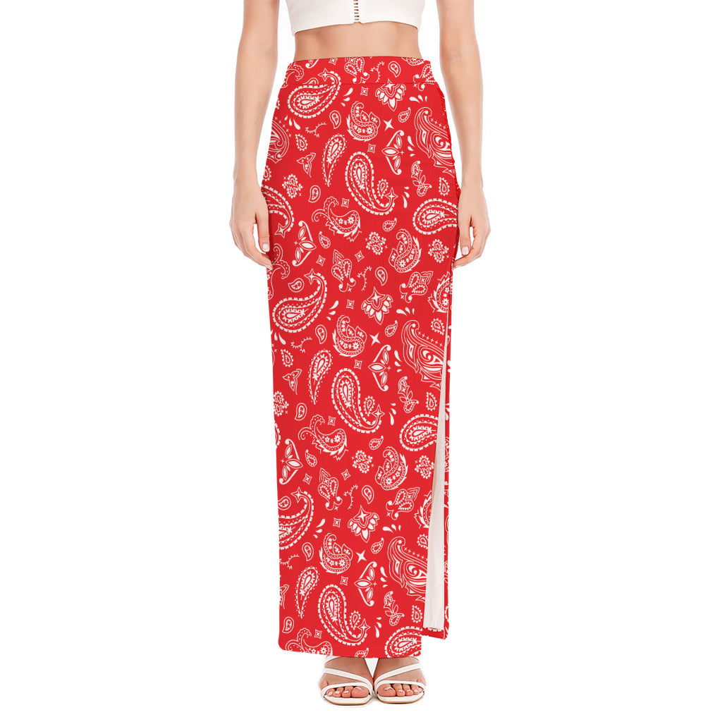 Red Paisley Bandana Pattern Print High Slit Maxi Skirt