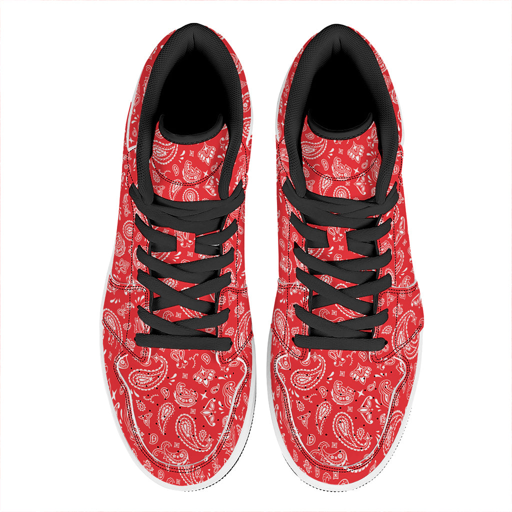 Red Paisley Bandana Pattern Print High Top Leather Sneakers