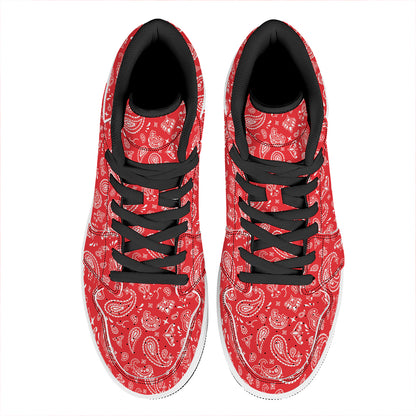 Red Paisley Bandana Pattern Print High Top Leather Sneakers