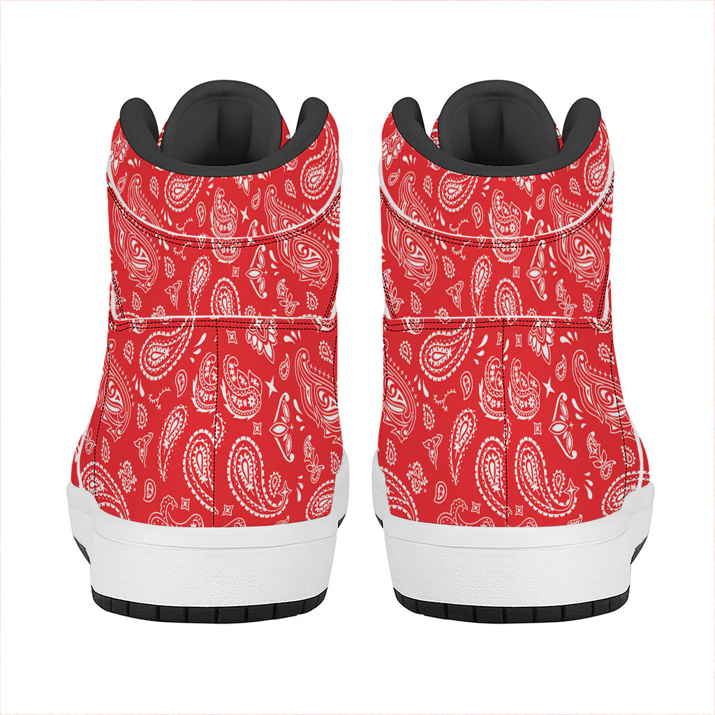 Red Paisley Bandana Pattern Print High Top Leather Sneakers