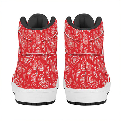Red Paisley Bandana Pattern Print High Top Leather Sneakers