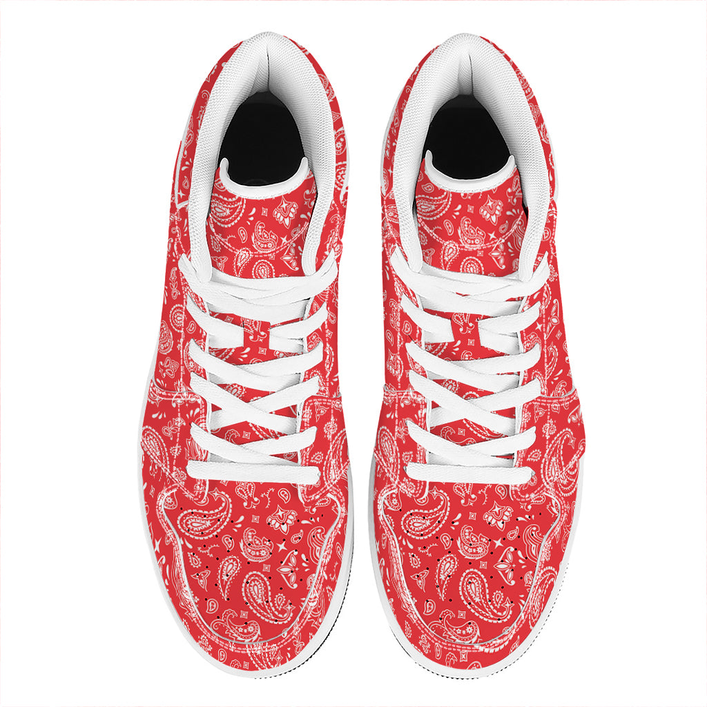 Red Paisley Bandana Pattern Print High Top Leather Sneakers