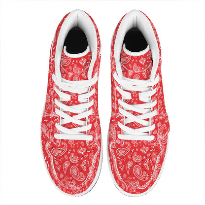 Red Paisley Bandana Pattern Print High Top Leather Sneakers