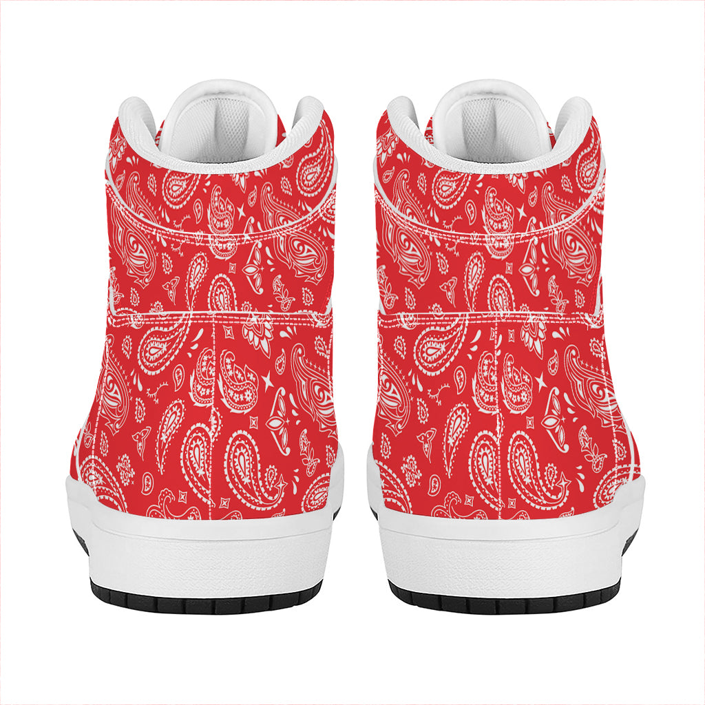 Red Paisley Bandana Pattern Print High Top Leather Sneakers