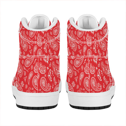 Red Paisley Bandana Pattern Print High Top Leather Sneakers