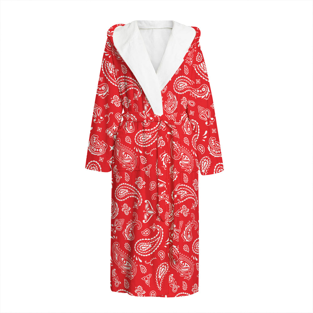 Red Paisley Bandana Pattern Print Hooded Bathrobe