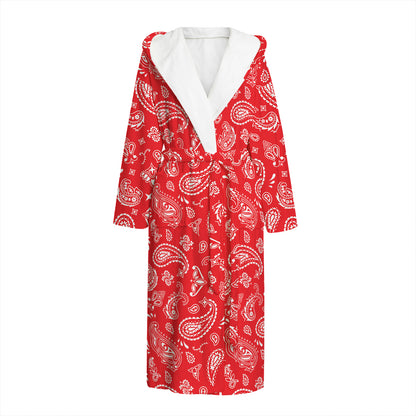 Red Paisley Bandana Pattern Print Hooded Bathrobe