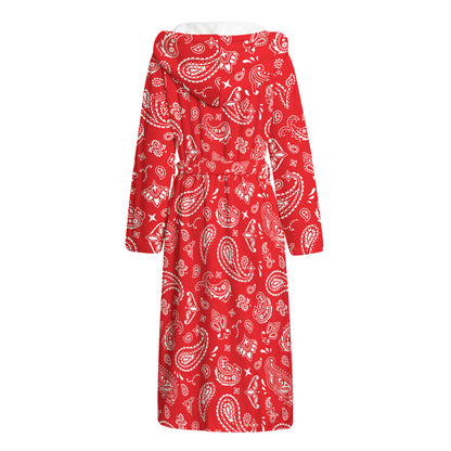 Red Paisley Bandana Pattern Print Hooded Bathrobe