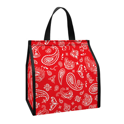 Red Paisley Bandana Pattern Print Insulated Lunch Tote