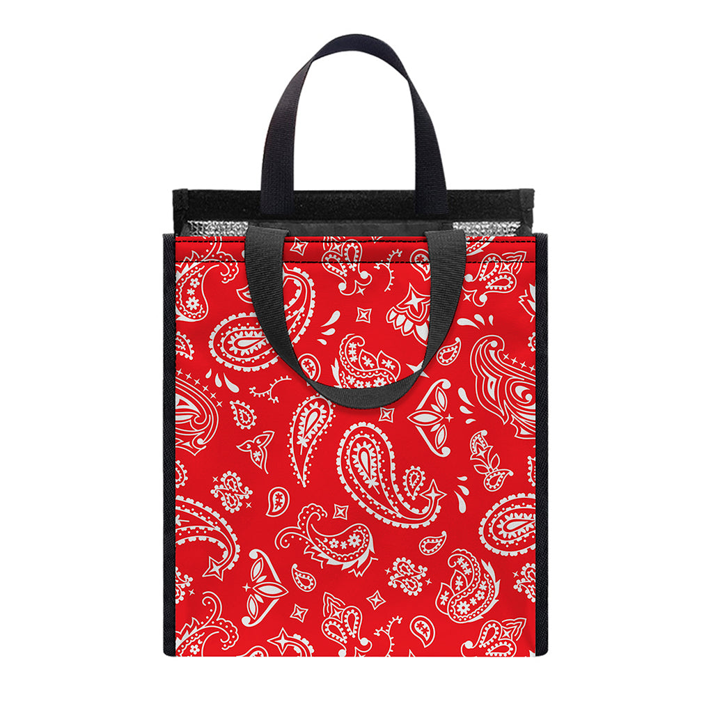 Red Paisley Bandana Pattern Print Insulated Lunch Tote