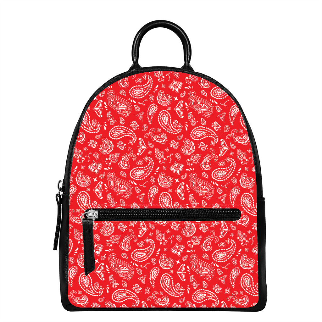 Red Paisley Bandana Pattern Print Leather Backpack