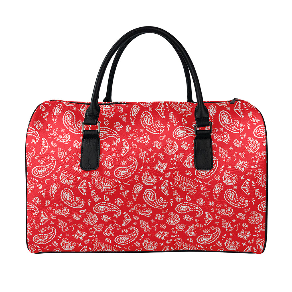 Red Paisley Bandana Pattern Print Leather Duffle Bag