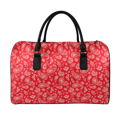 Red Paisley Bandana Pattern Print Leather Duffle Bag