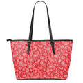 Red Paisley Bandana Pattern Print Leather Tote Bag With Zipper