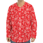 Red Paisley Bandana Pattern Print Long Sleeve Baseball Jersey