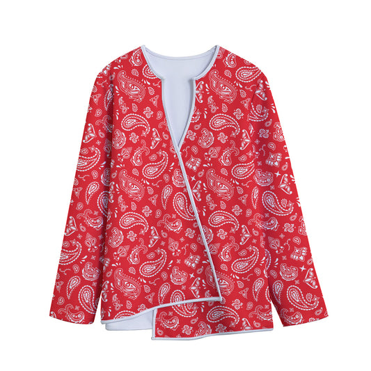 Red Paisley Bandana Pattern Print Long Sleeve Short Coat
