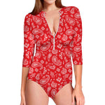 Red Paisley Bandana Pattern Print Long Sleeve Swimsuit