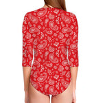 Red Paisley Bandana Pattern Print Long Sleeve Swimsuit