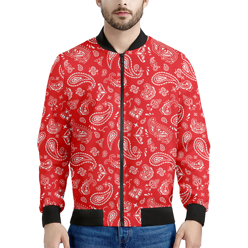 Red Paisley Bandana Pattern Print Men's Bomber Jacket