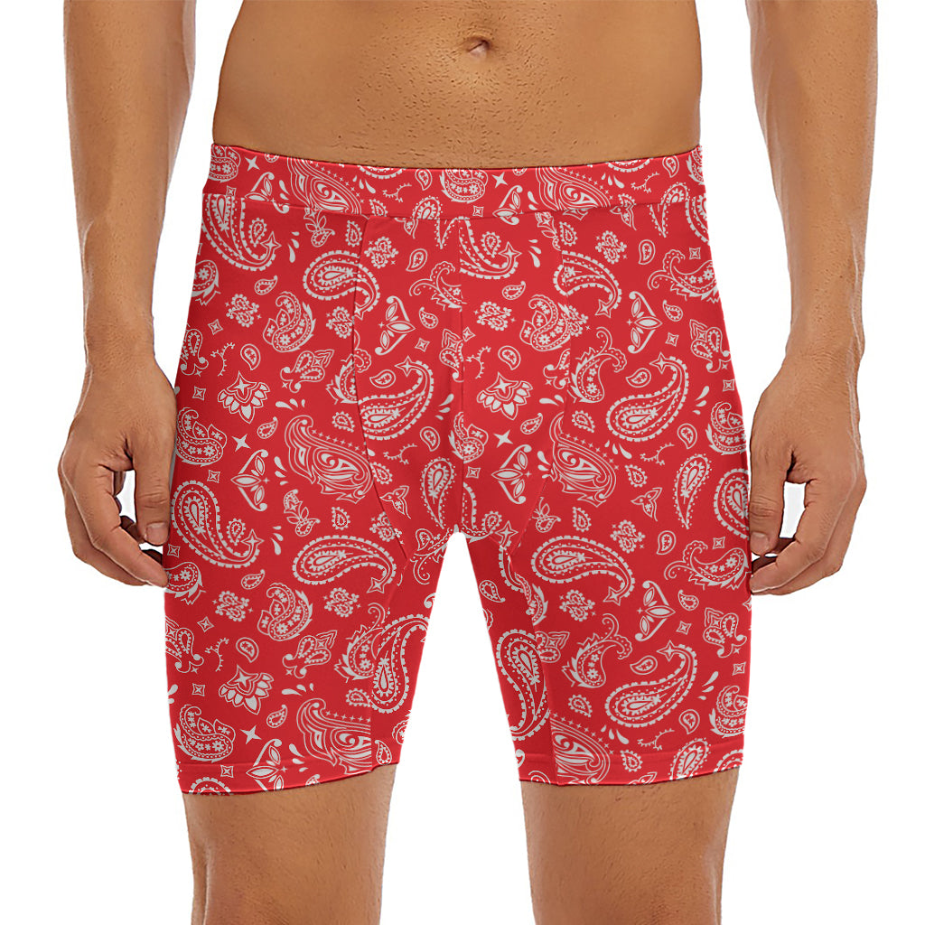 Red Paisley Bandana Pattern Print Men's Long Boxer Briefs