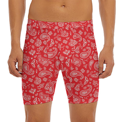 Red Paisley Bandana Pattern Print Men's Long Boxer Briefs
