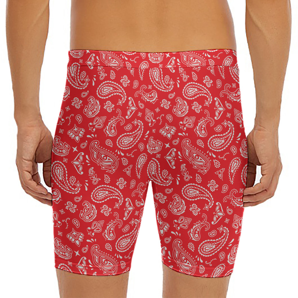 Red Paisley Bandana Pattern Print Men's Long Boxer Briefs
