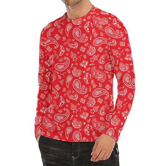 Red Paisley Bandana Pattern Print Men's Long Sleeve Rash Guard