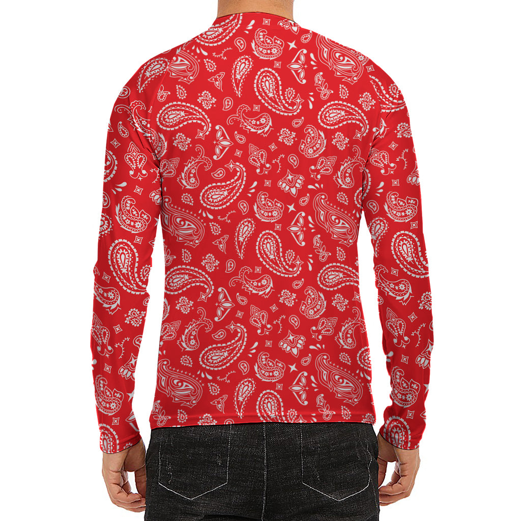 Red Paisley Bandana Pattern Print Men's Long Sleeve Rash Guard