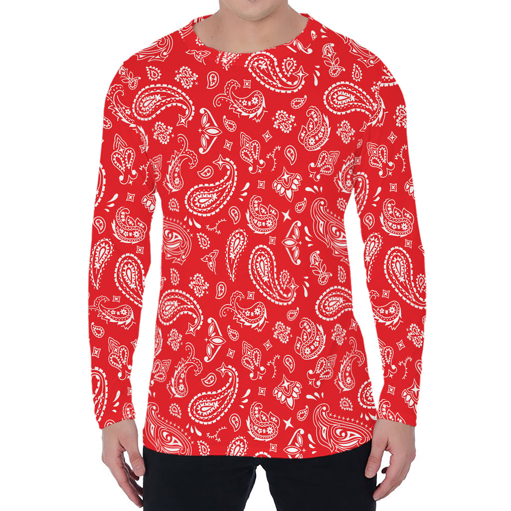 Red Paisley Bandana Pattern Print Men's Long Sleeve T-Shirt