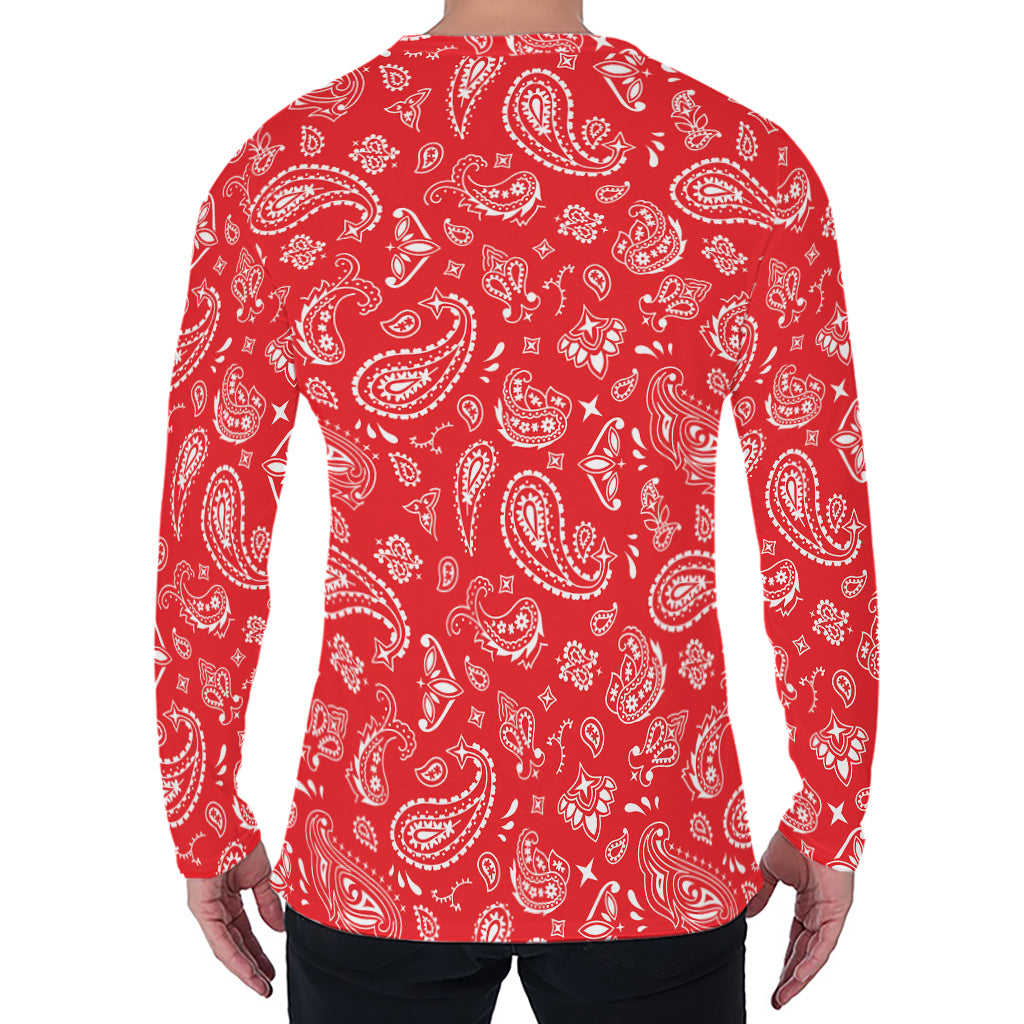 Red Paisley Bandana Pattern Print Men's Long Sleeve T-Shirt