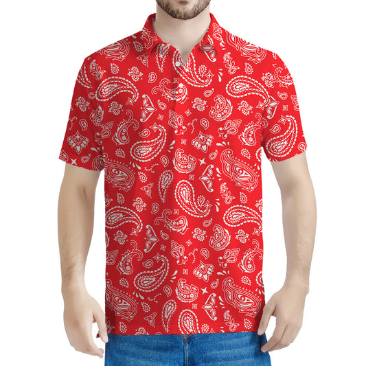 Red Paisley Bandana Pattern Print Men's Polo Shirt