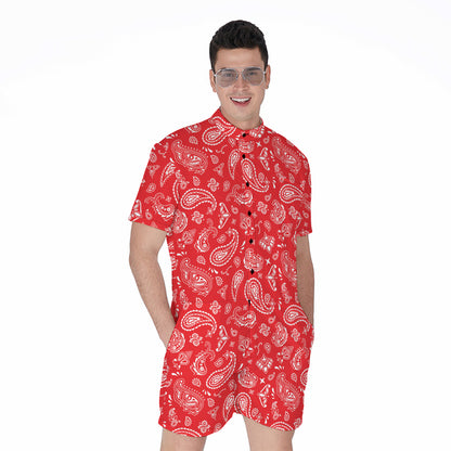 Red Paisley Bandana Pattern Print Men's Rompers