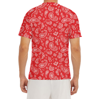 Red Paisley Bandana Pattern Print Men's Short Sleeve Rash Guard