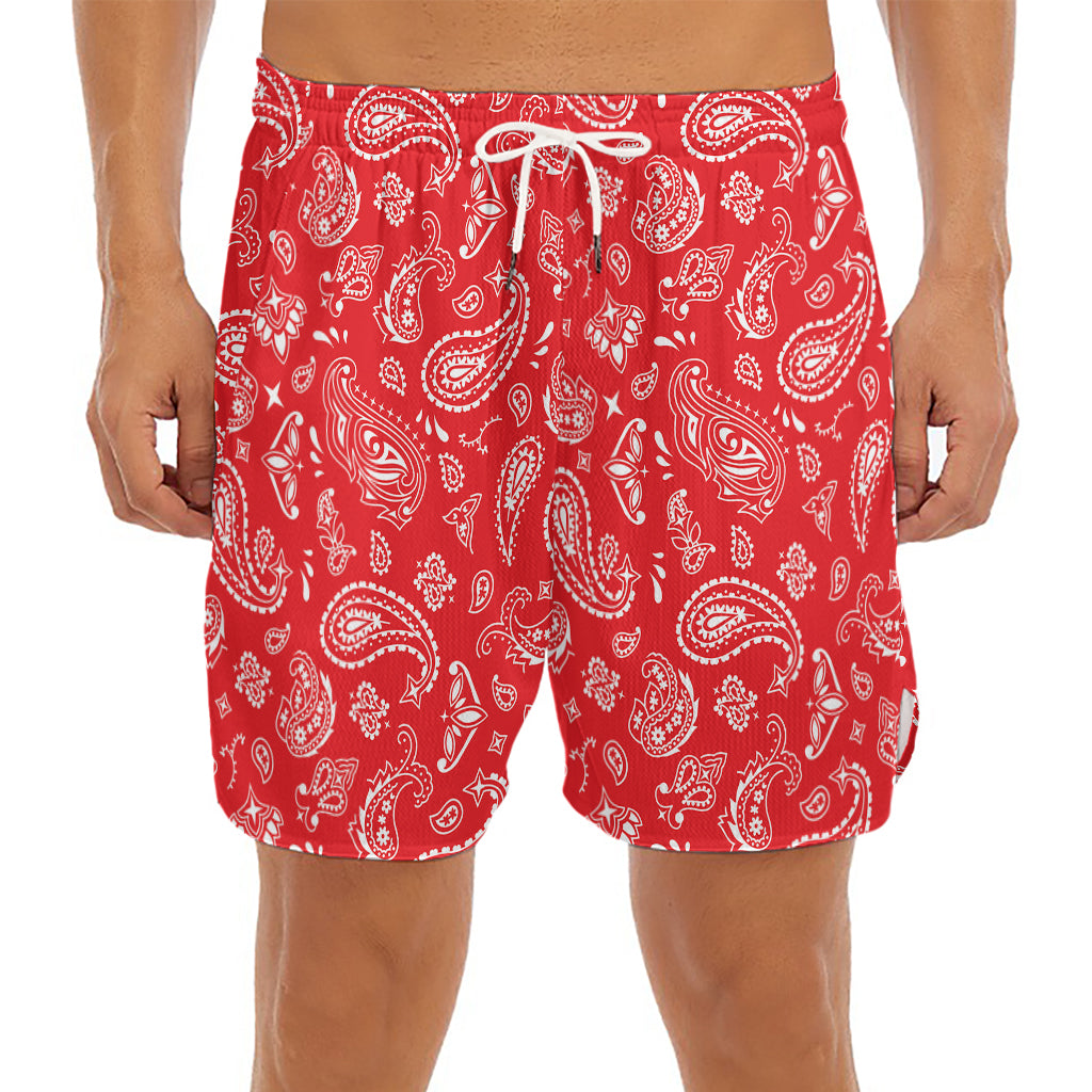 Red Paisley Bandana Pattern Print Men's Split Running Shorts