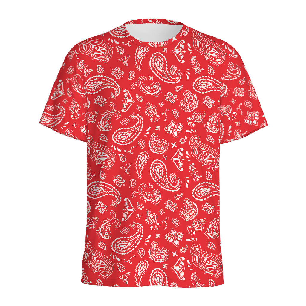 Red Paisley Bandana Pattern Print Men's Sports T-Shirt