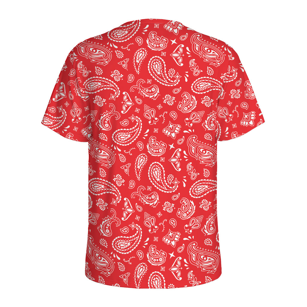 Red Paisley Bandana Pattern Print Men's Sports T-Shirt