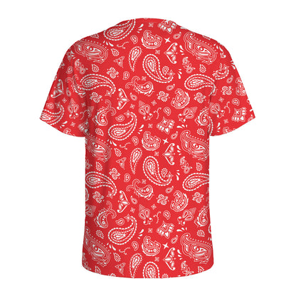 Red Paisley Bandana Pattern Print Men's Sports T-Shirt
