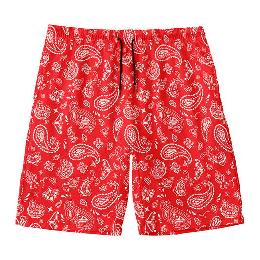 Red Paisley Bandana Pattern Print Men's Swim Trunks