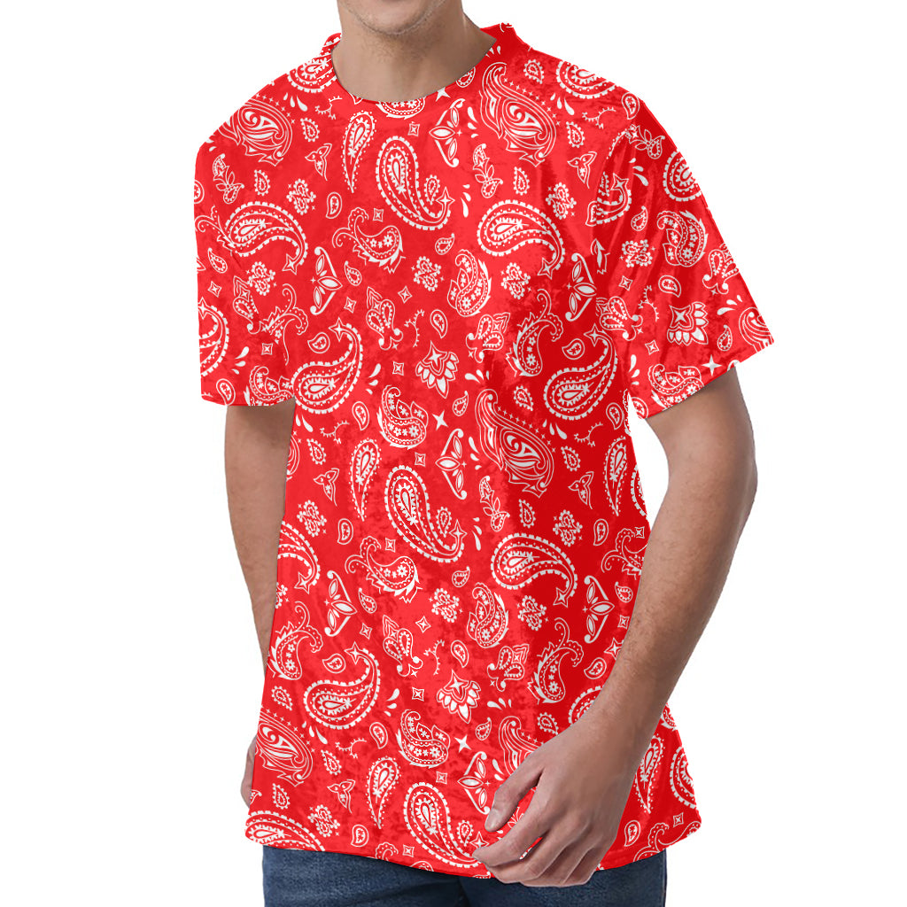 Red Paisley Bandana Pattern Print Men's Velvet T-Shirt