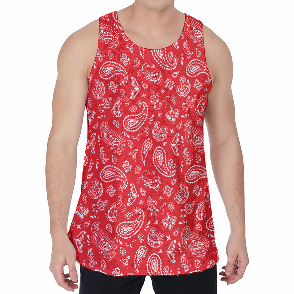 Red Paisley Bandana Pattern Print Men's Velvet Tank Top