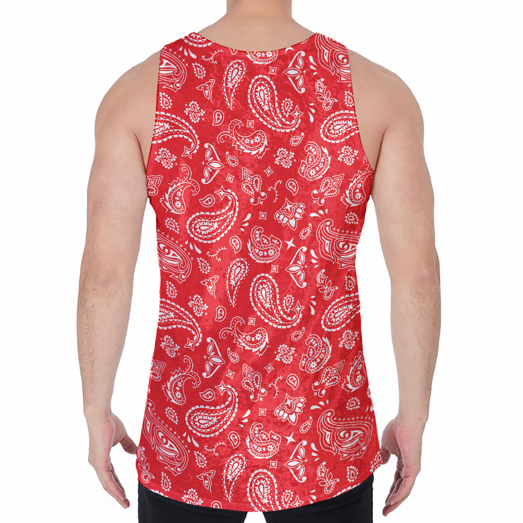 Red Paisley Bandana Pattern Print Men's Velvet Tank Top