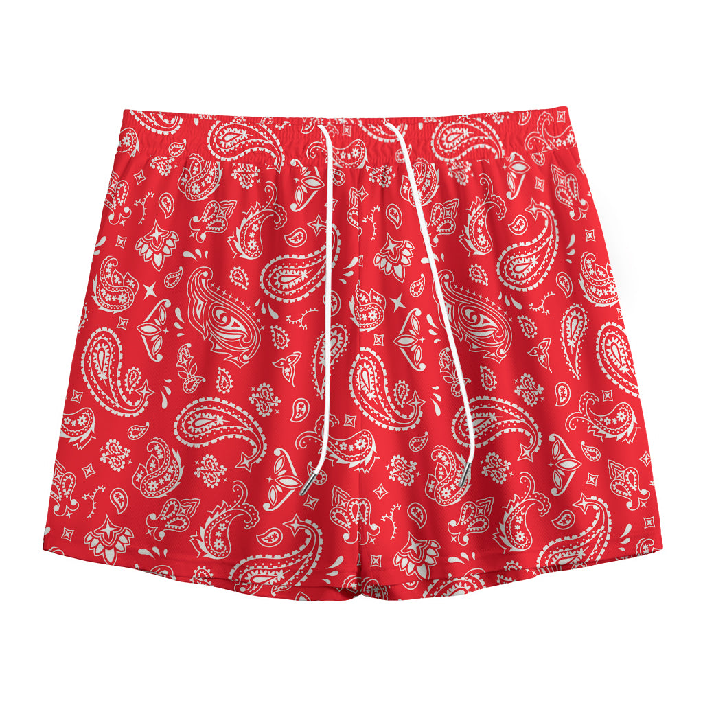 Red Paisley Bandana Pattern Print Mesh Shorts
